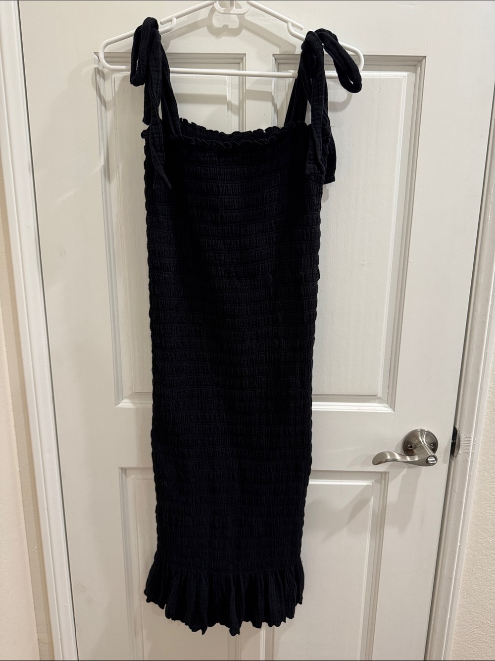 Nothing Fits But Tie-Shoulder Smocked Midi Dress in Black
